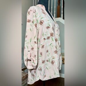 LILIAN, Floral & Grid Print Tab-Sleeve Tunic Blouse 3/4 Sleeve Soft Pink - 1X